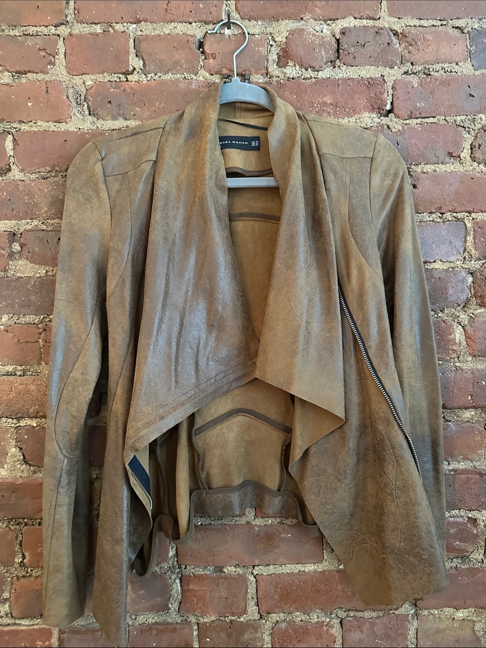 Zara Tan Draped Suede Open-Front Jacket